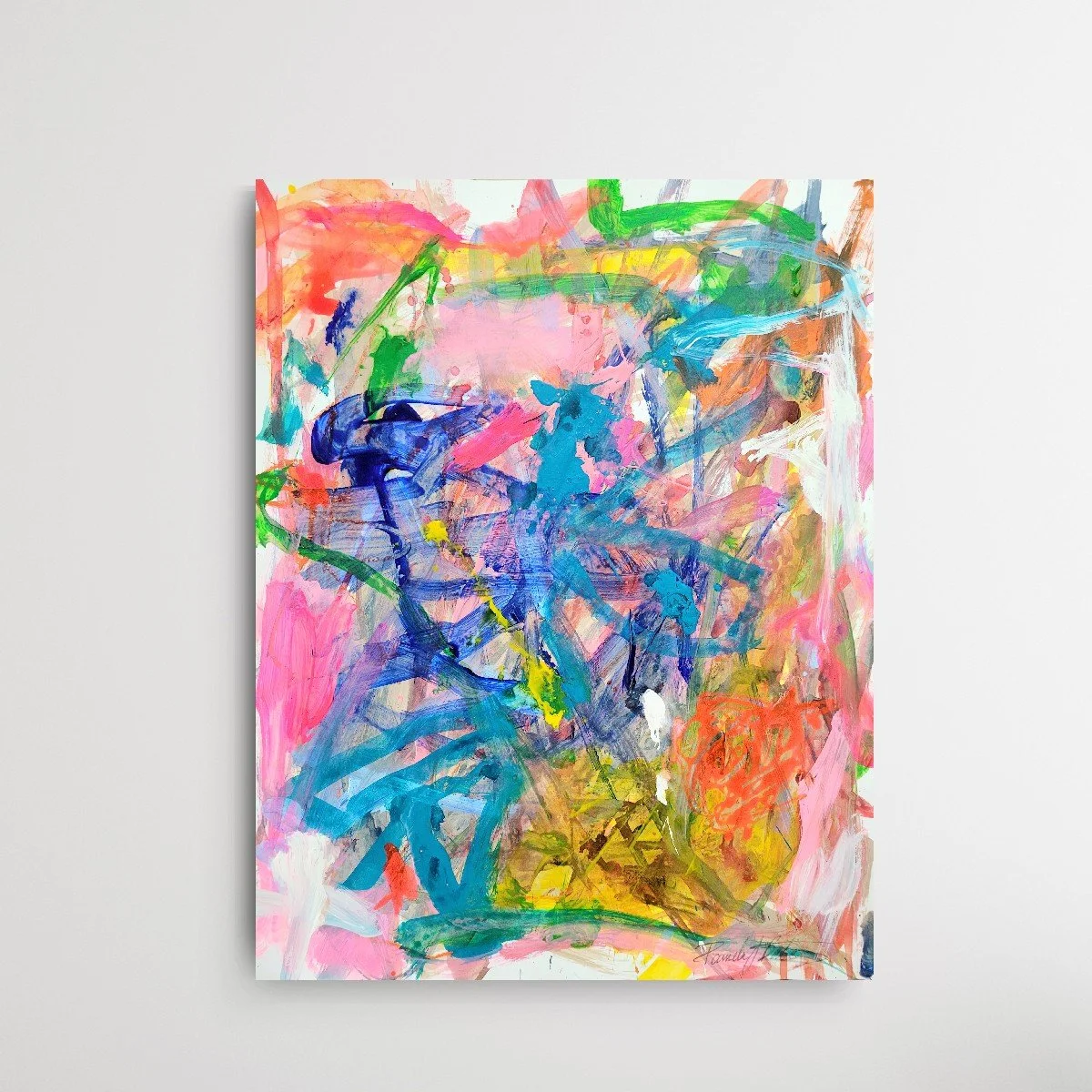 Gestural abstract painting with blue, yellow and pink on paper by contemporary artist Pamela Bates