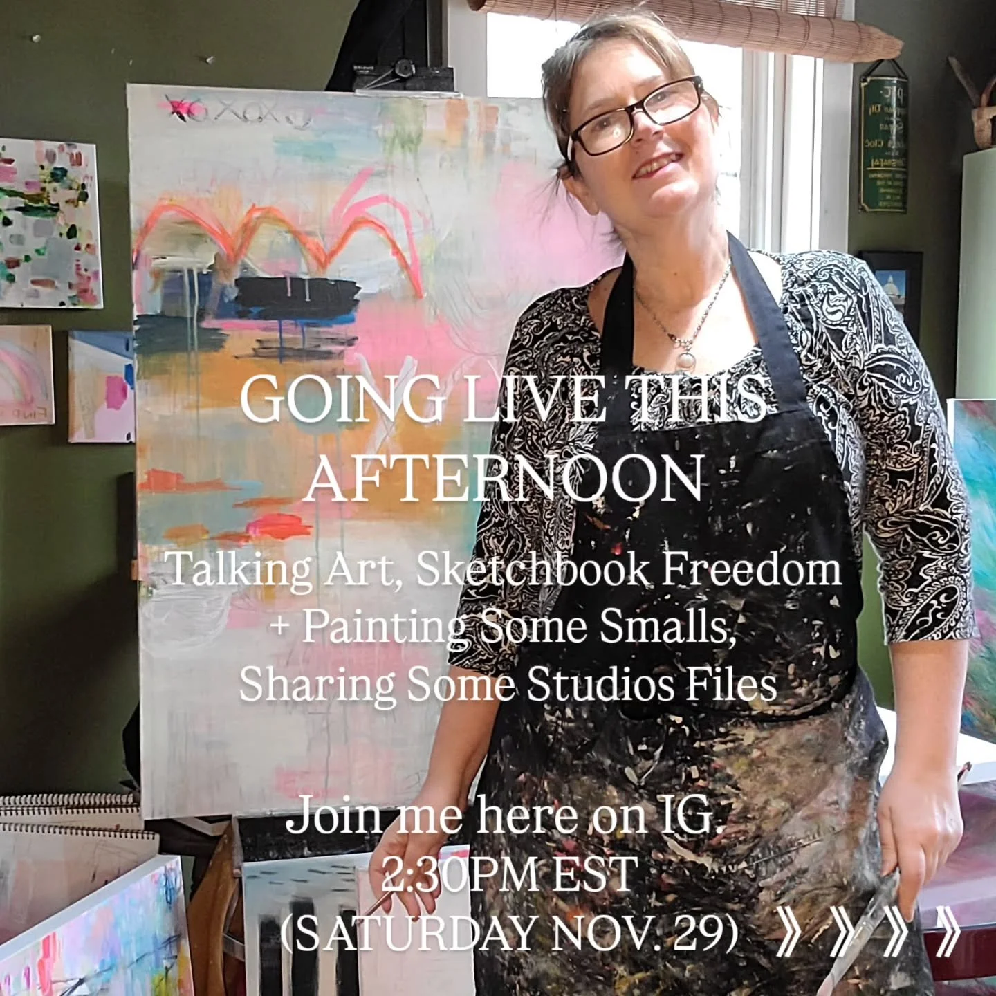 Going LIVE at 2:30pm today (11/29), here on IG. 

Let's hang out. I'll be painting in my sketchbook. I'd love it if you painted alongside me, so to speak.

No pressure, low key- talking art and painting.

If you have any questions for me, bring 'em!
