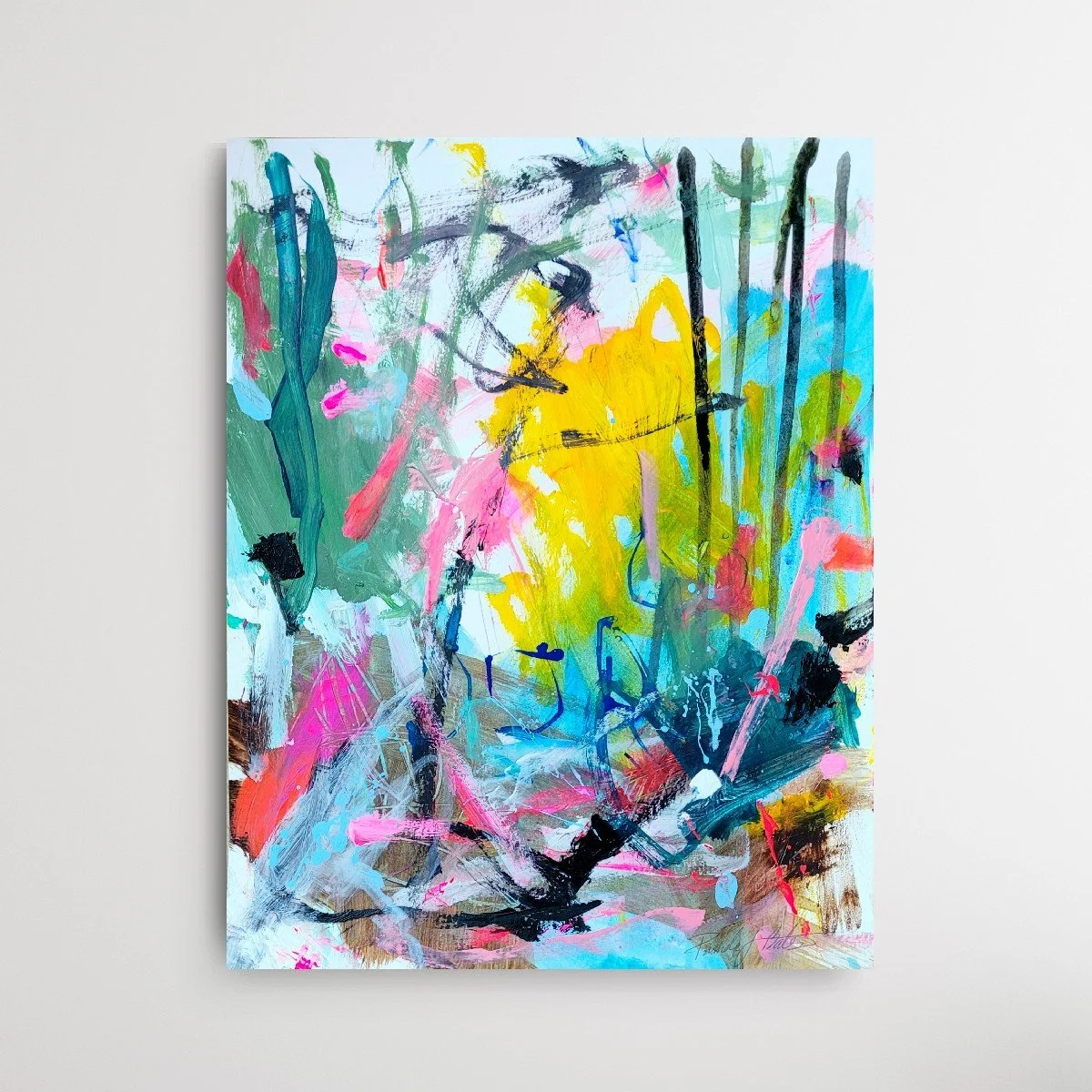 'Sunrise, Sunrise', Green, Yellow and Pink, Expressive Gestural Abstract painting on paper by Pamela Bates