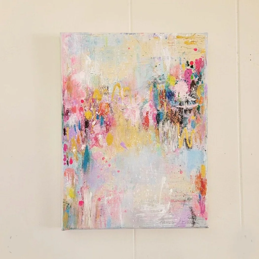Neutral Abstract with Pops of color and gold on canvas by Pamela Bates