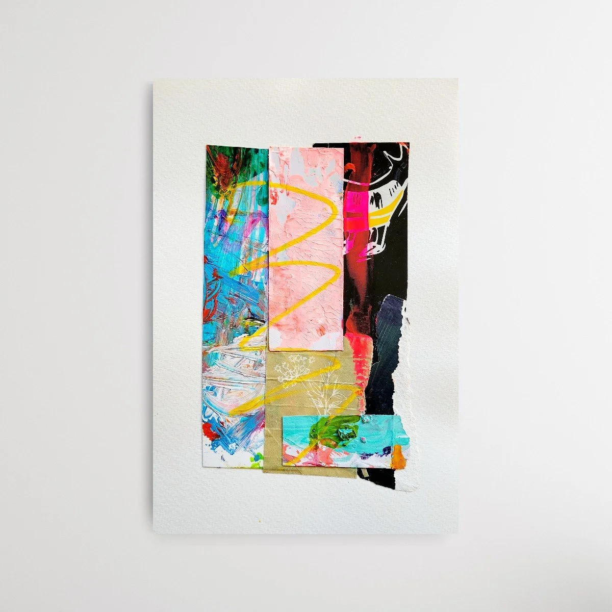 'Beside The Reef' Blue, coral, pink, yellow, black Contemporary Abstract Collage Painting by Pamela Bates
