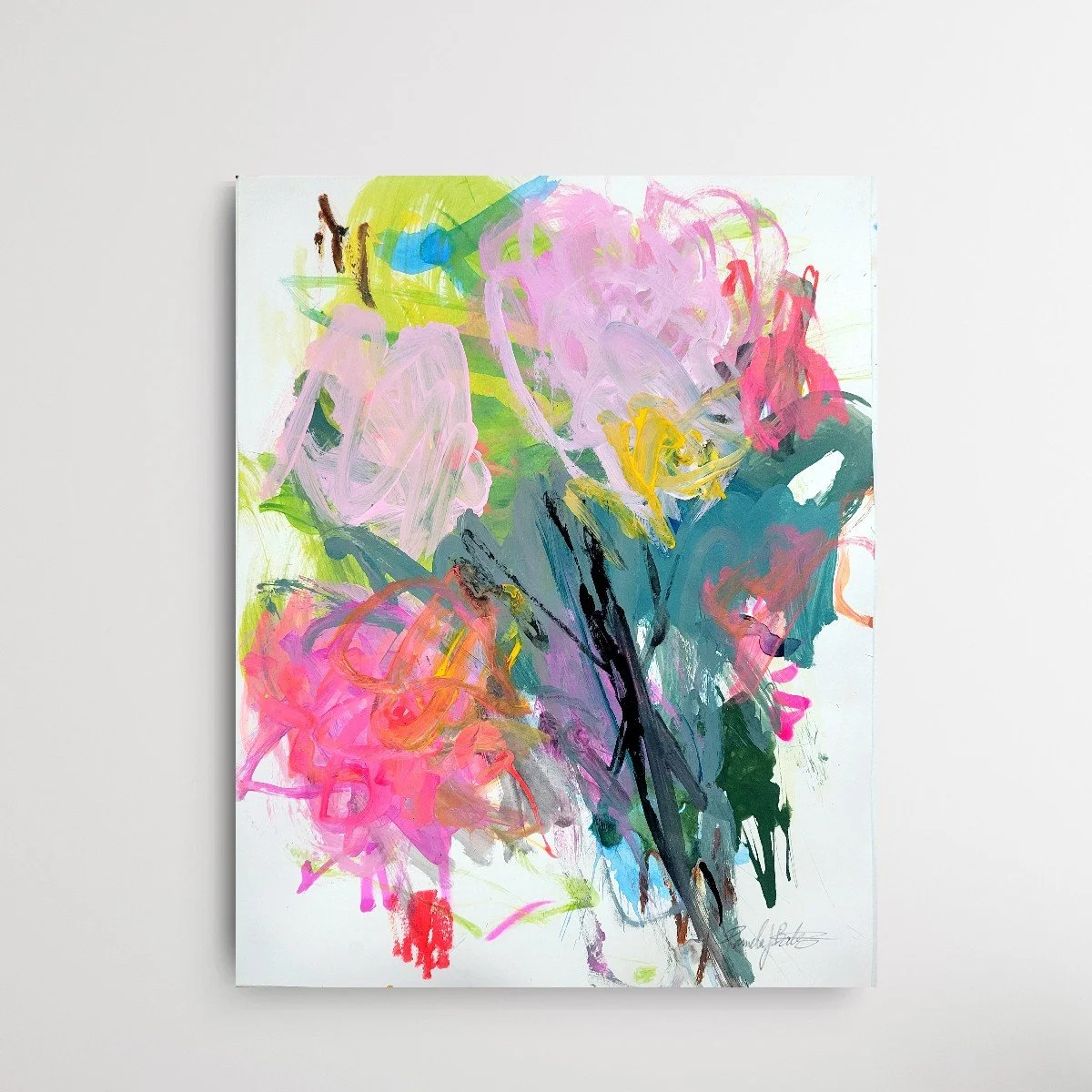 'True Colors' Colorful Pink, Yellow and Green Abstract Floral painting on paper by Pamela Bates