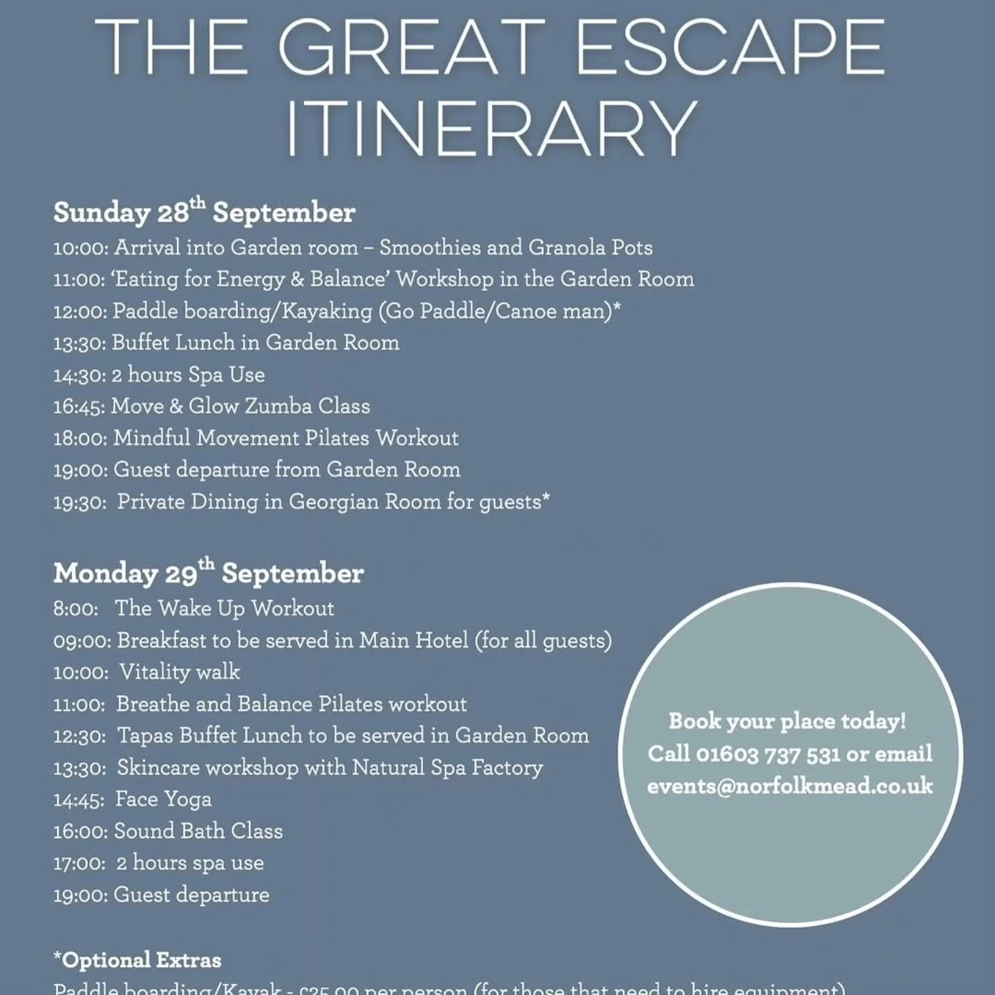 I am excited to be participating in this wellness retreat @norfolkmead at the end of September - Sunday 28th / Monday 29th. 
There are a few spaces left...you can come for 1 or 2 days, but I'm only there on day 2!
Please get in touch with the events 