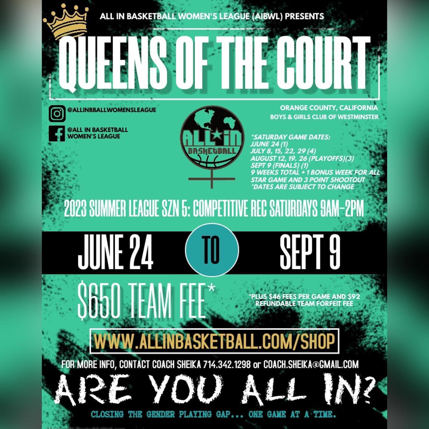 New summer szn for Saturdays&hellip; 🌻
New start date: June 24

Save the dates! 🧡

JUNE 24 (1) 
JULY 8, 15, 22, 29 (4)
AUGUST 12, 19. 26 (PLAYOFFS)(3)
SEPT 9 (FINALS), 16 *Bonus week for all star game and 3 pt shootout (2)
10 weeks total

@allinbba