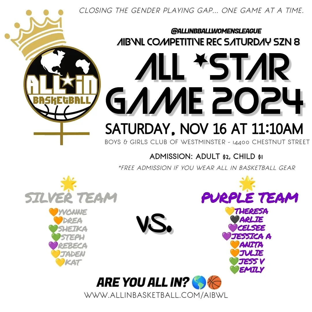 🤩 The All Star Rosters are set! 

Can&rsquo;t wait for these AIBWL all stars to shine on the court this Saturday 11/16! 🩶💜

@allinbballwomensleague 🌎🏀
We are ALL IN.