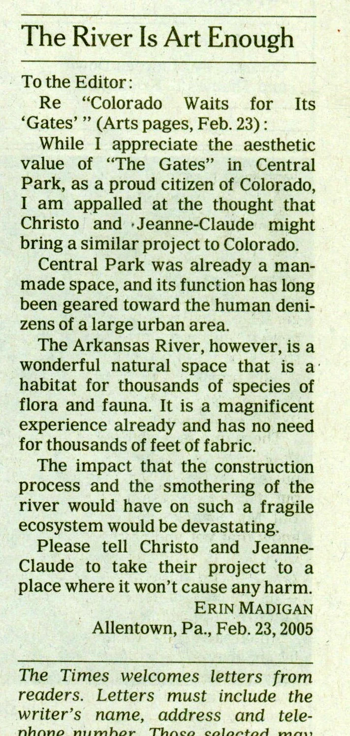 Erin's letter published on 2/26/05 in the New York Times , at age 19.