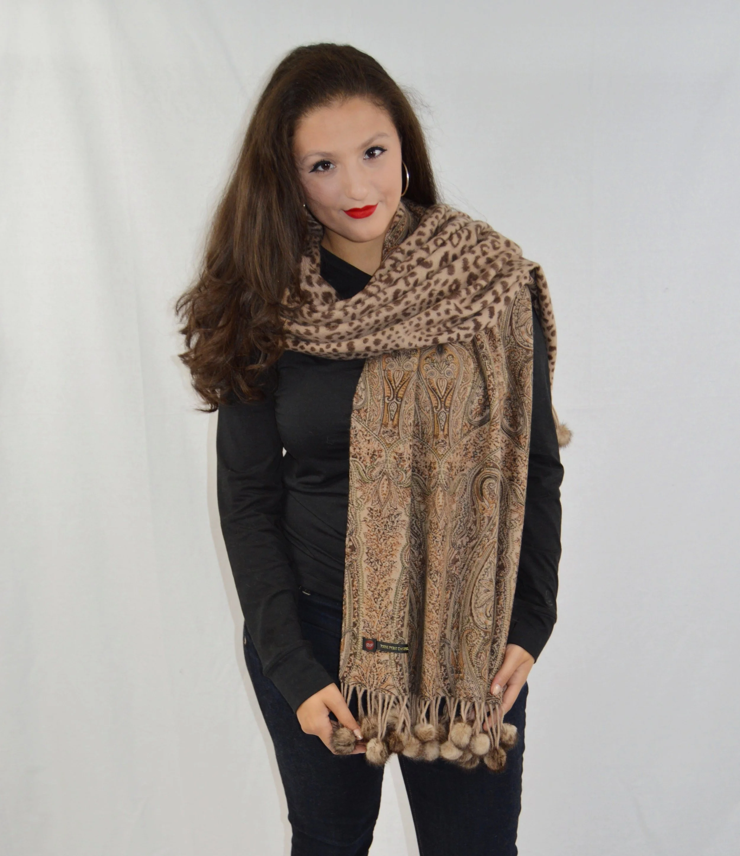 Mink-Mink stole- Cashmere Scarf-Mens scarf-Dress Shawl-Winter Scarf- Cashmere Wraps for Women (Black Unisex Reversible Printed Cashmere Scarf W/ Mink pom-pom Balls)