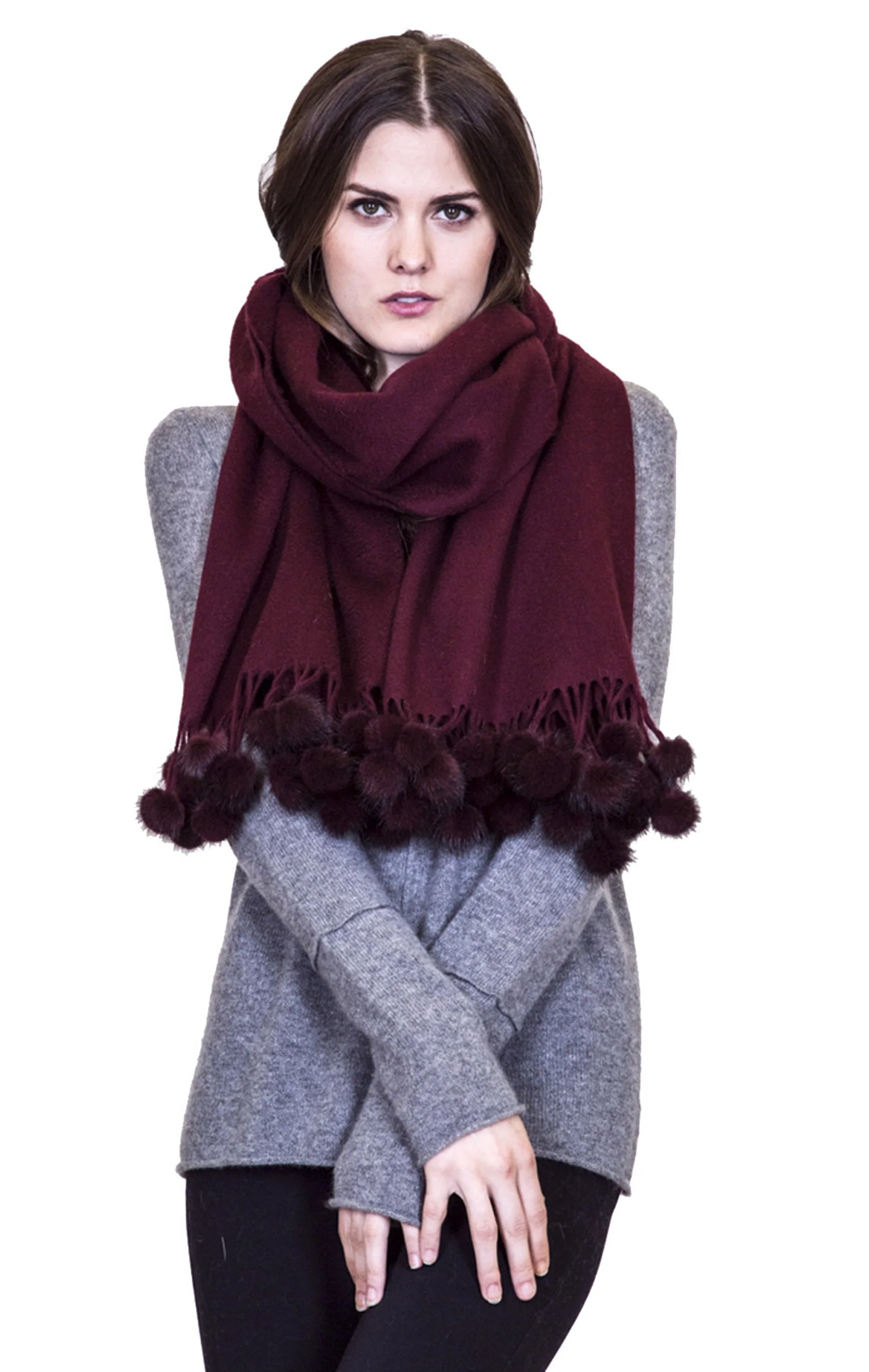 Mink-Mink stole- Cashmere Scarf-Mens scarf-Dress Shawl-Winter Scarf- Cashmere Wraps for Women (Coffee Unisex Cashmere Scarf W/ Mink pom-pom Balls)