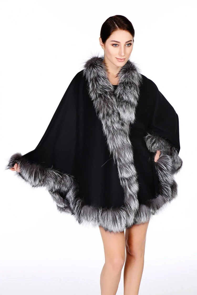 Fox-Cashmere Cape 3-Ply Thick with Fox Fur Trim-Cape-Capes- Cashmere Cape with Fur Trim-Ruana-Shrug-Coat-Caplet-Fur Cape-Fur Capes for women - Navy
