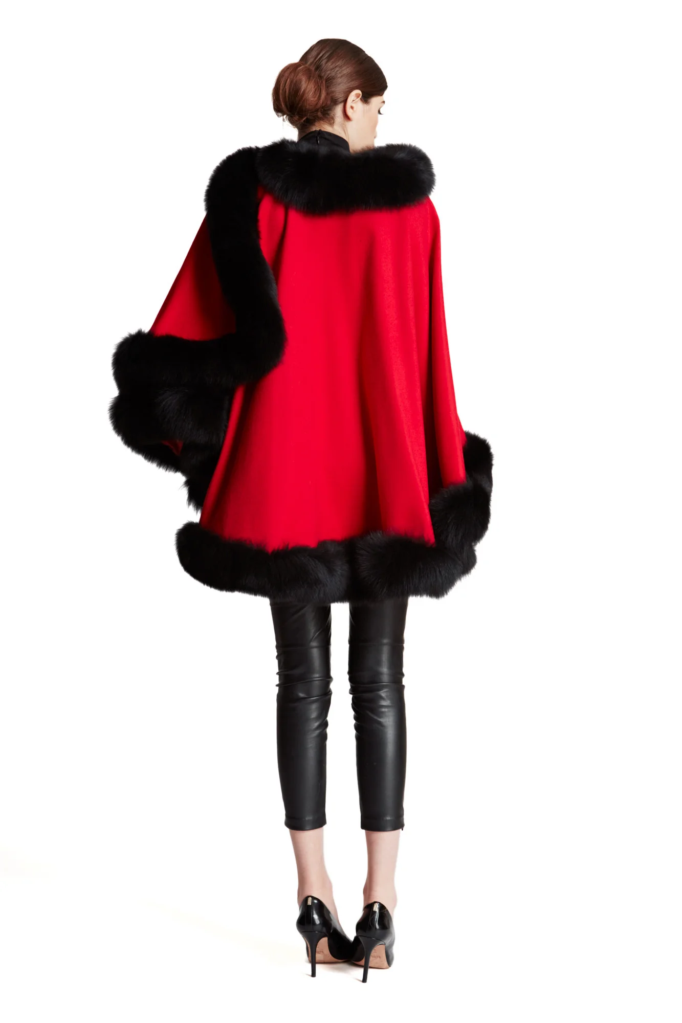 Large Cashmere Cape with Fox Fur Trim - Dark Brown