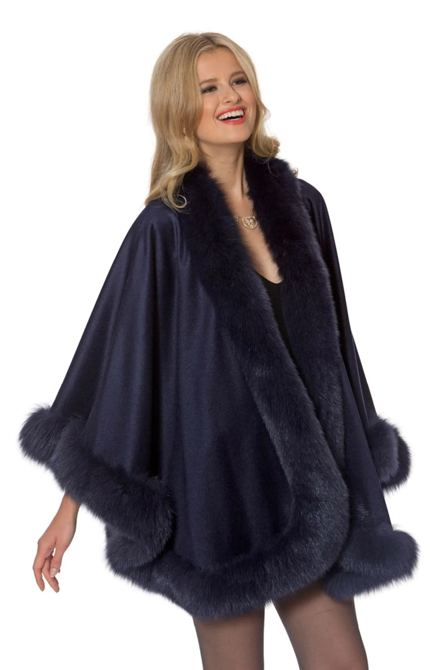 Cashmere Cape 3-Ply Thick Cashmere with Fox Fur Trim Cape Cape