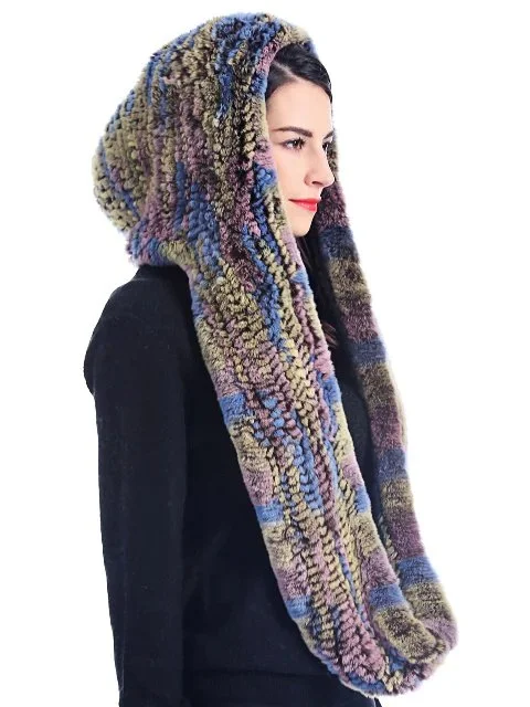 Genuine Rabbit Fur Multicolor Knitted Hood Infinity Scarf Rex Rabbit Fur Knitted Infinity Scarf and Hood- Snowtop  main image 4