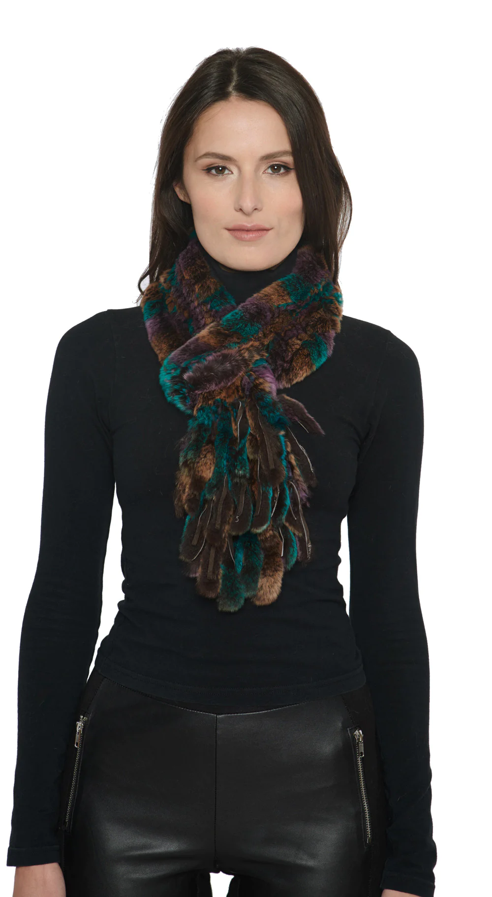 Fur Scarf Knitted Rex rabbit loop scarf w/ fringes on one end