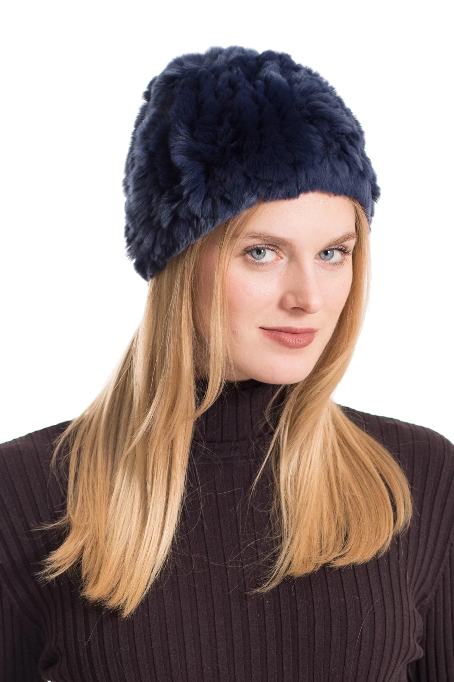 Women's Real Rex Rabbit Fur Hat & Scarf Set - Fluffy Beanie With Earmuffs - Blue Grey - Handmade
