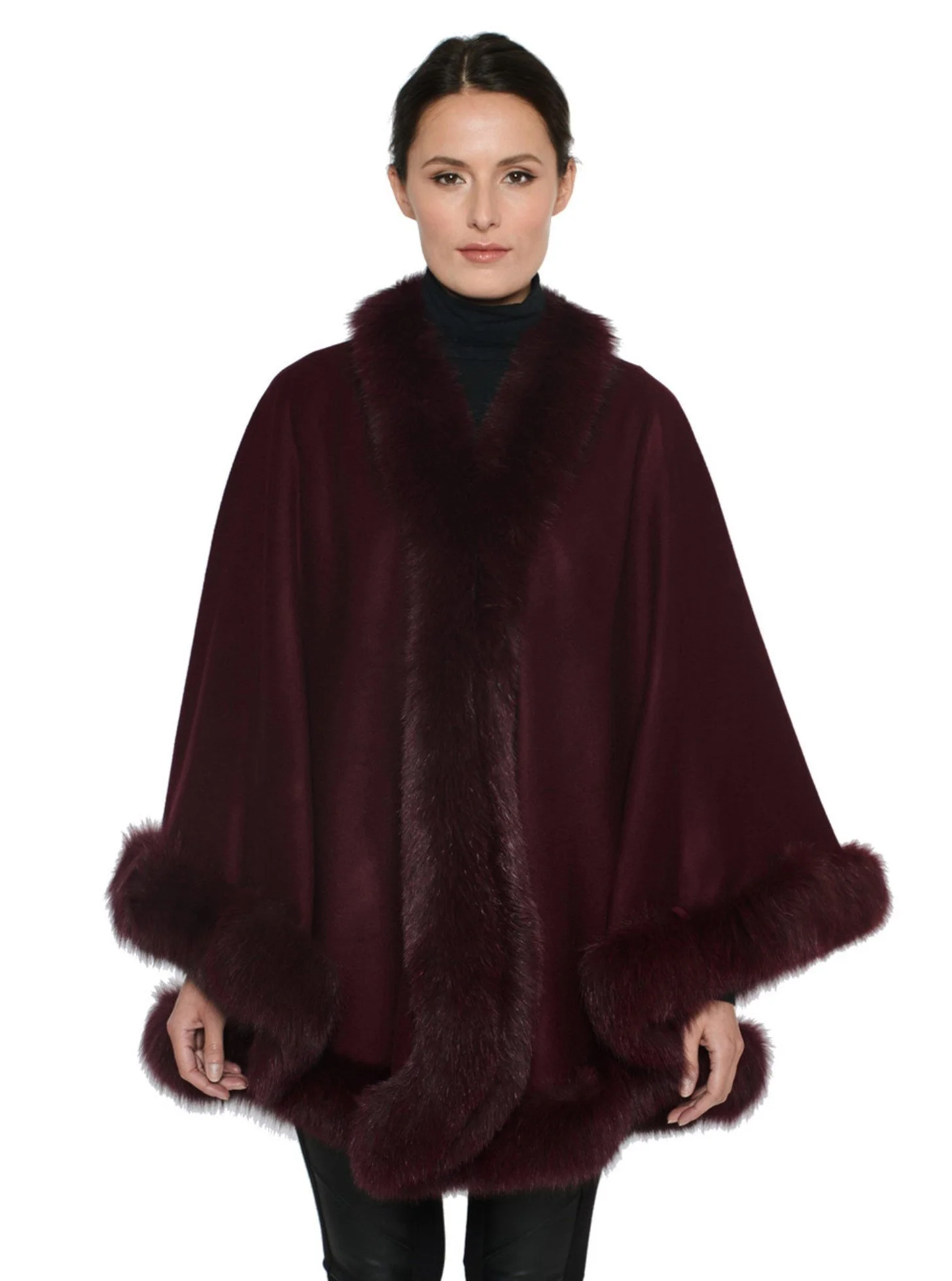 Fox-Cashmere Cape 3-Ply Thick with Fox Fur Trim-Cape-Capes- Cashmere Cape with Fur Trim-Ruana-Shrug-Coat-Caplet-Fur Cape-Fur Capes for women - Navy
