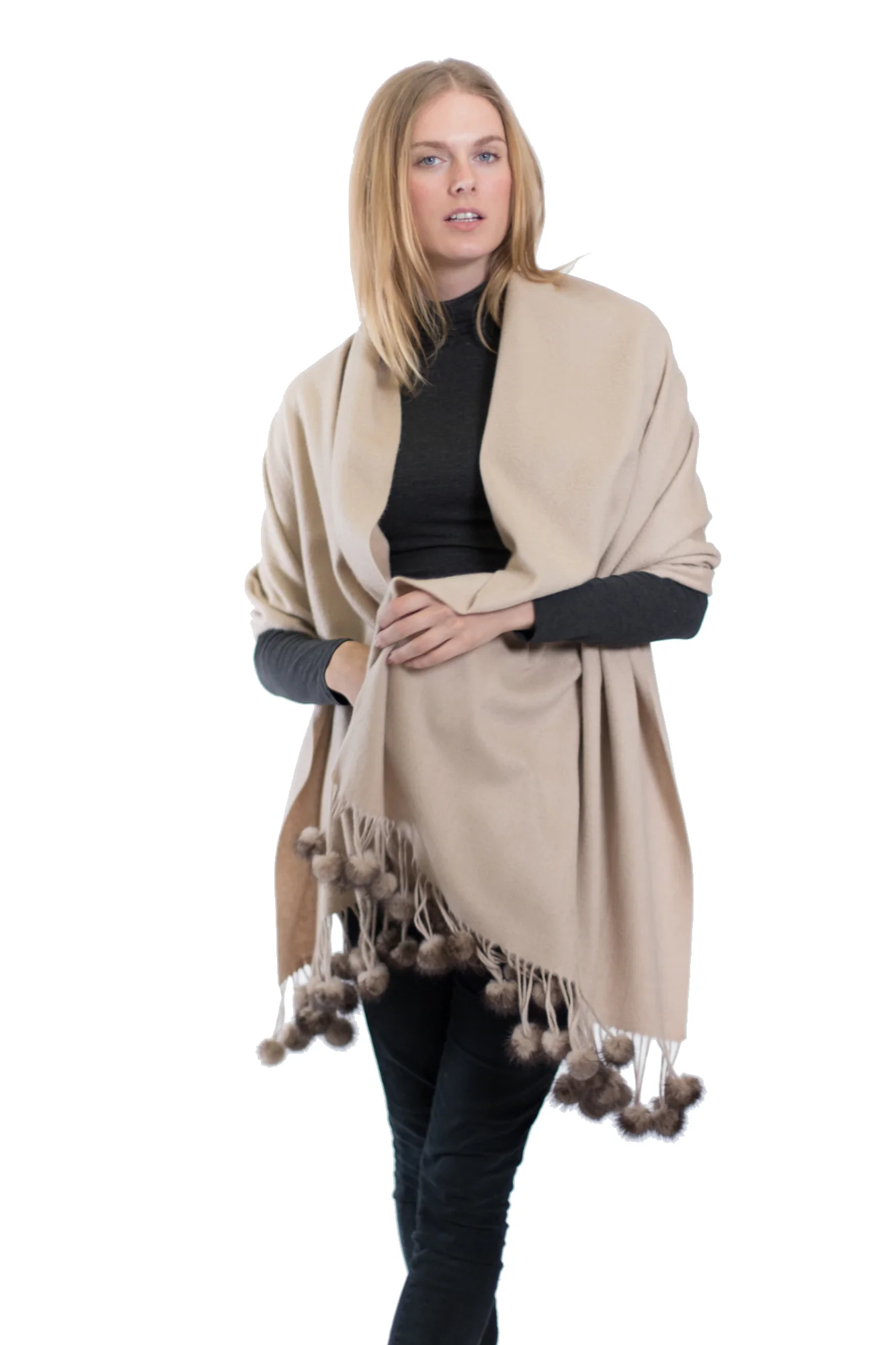 Mink-Mink stole- Cashmere Scarf-Mens scarf-Dress Shawl-Winter Scarf- Cashmere Wraps for Women (Oat meal Unisex Cashmere Scarf W/ Mink pom-pom Balls)