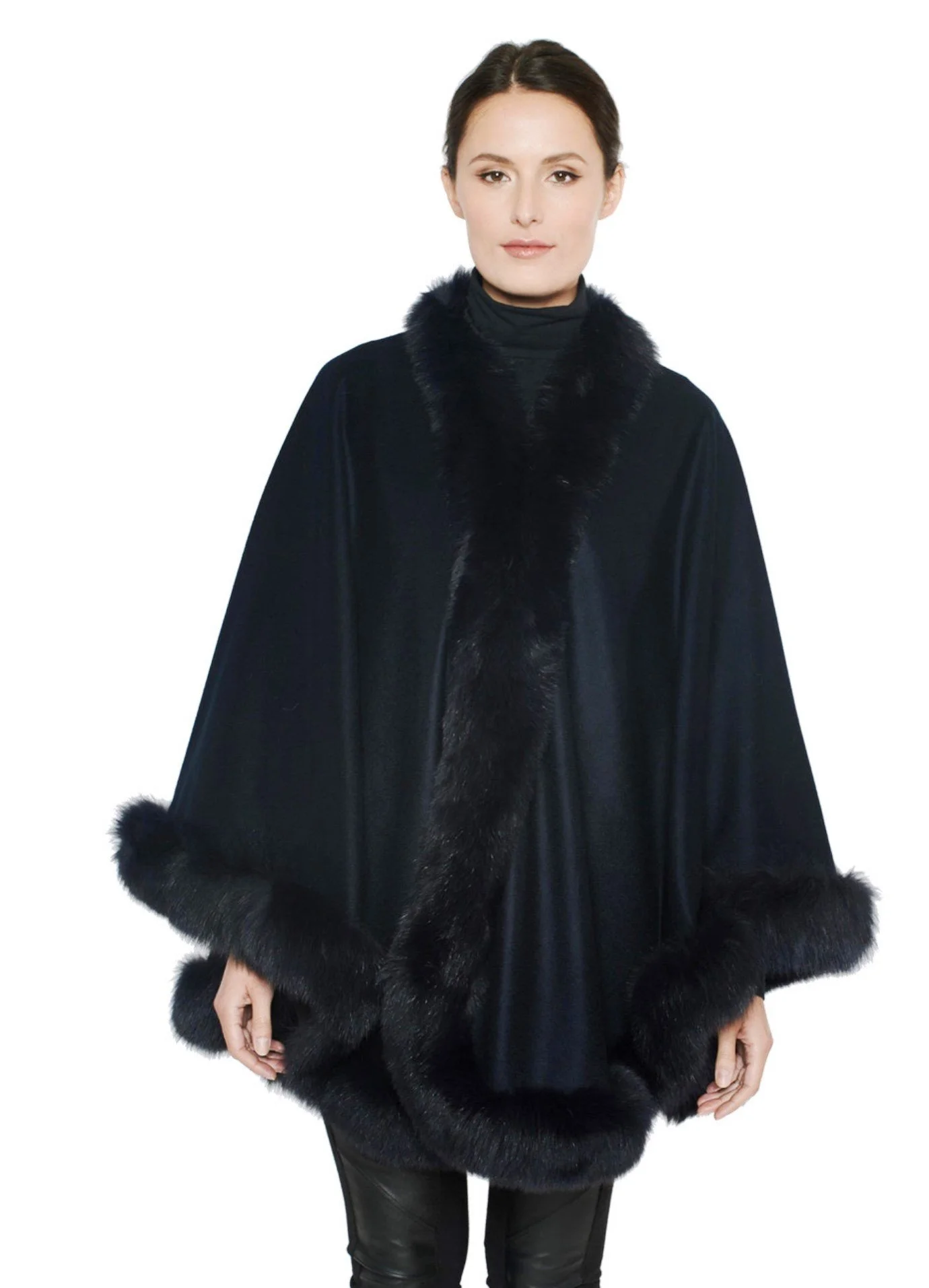 Fox-Cashmere Cape 3-Ply Thick with Fox Fur Trim-Cape-Capes- Cashmere Cape with Fur Trim-Ruana-Shrug-Coat-Caplet-Fur Cape-Fur Capes for women - Red