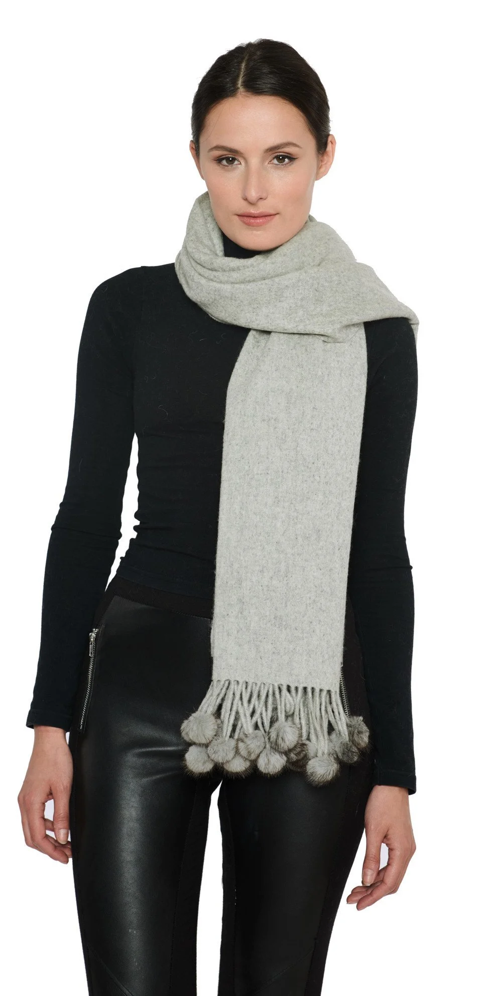 Mink-Mink stole- Cashmere Scarf-Mens scarf-Dress Shawl-Winter Scarf- Cashmere Wraps for Women (Charcoal Unisex Cashmere Scarf W/ Mink pom-pom Balls)