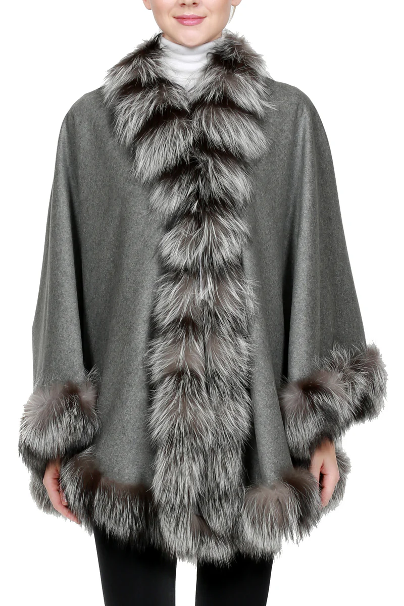 Fox-Cashmere Cape 3-Ply Thick with Fox Fur Trim-Cape-Capes- Cashmere Cape with Fur Trim-Ruana-Shrug-Coat-Caplet-Fur Cape-Fur Capes for women - Red