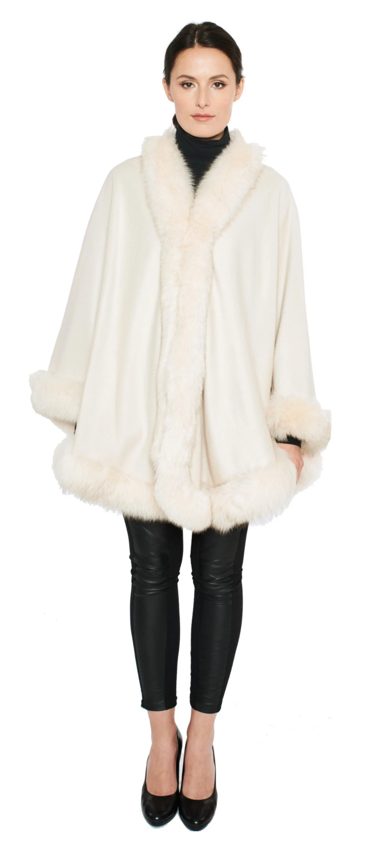 Fox-Cashmere Cape 3-Ply Thick with Fox Fur Trim-Cape-Capes- Cashmere Cape with Fur Trim-Ruana-Shrug-Coat-Caplet-Fur Cape-Fur Capes for women - Black : An All Time Classic)
