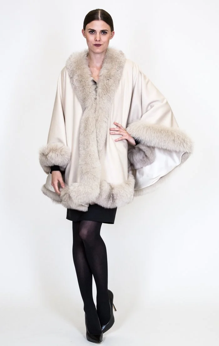 Fox-Cashmere Cape 3-Ply Thick with Fox Fur Trim-Cape-Capes- Cashmere Cape with Fur Trim-Ruana-Shrug-Coat-Caplet-Fur Cape-Fur Capes for women (Red with Black Trim) MO2
