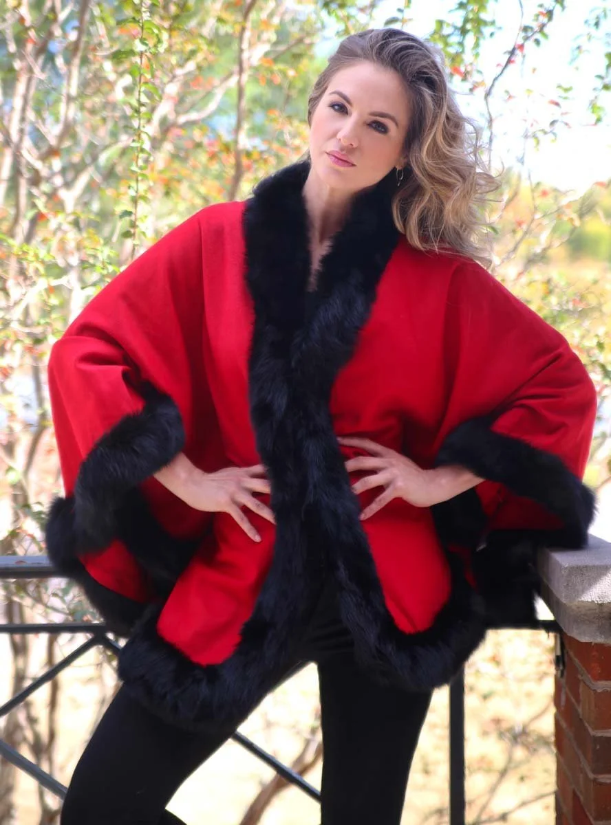Fox-Cashmere Cape 3-Ply Thick with Fox Fur Trim-Cape-Capes- Cashmere Cape with Fur Trim-Ruana-Shrug-Coat-Caplet-Fur Cape-Fur Capes for women -Oatmeal