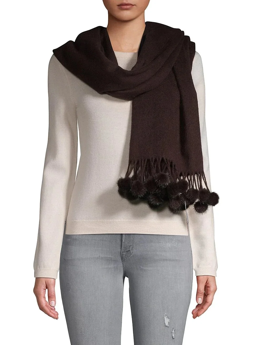 Mink-Mink stole- Cashmere Scarf-Mens scarf-Dress Shawl-Winter Scarf- Cashmere Wraps for Women (Red Unisex Cashmere Scarf W/ Mink pom-pom Balls)
