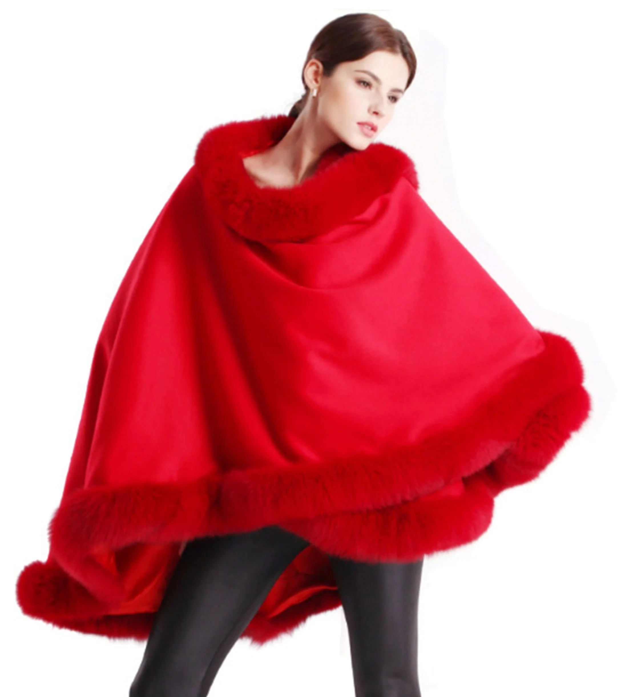 Fox-Cashmere Cape 3-Ply Thick with Fox Fur Trim-Cape-Capes- Cashmere Cape with Fur Trim-Ruana-Shrug-Coat-Caplet-Fur Cape-Fur Capes for women (Burgundy)