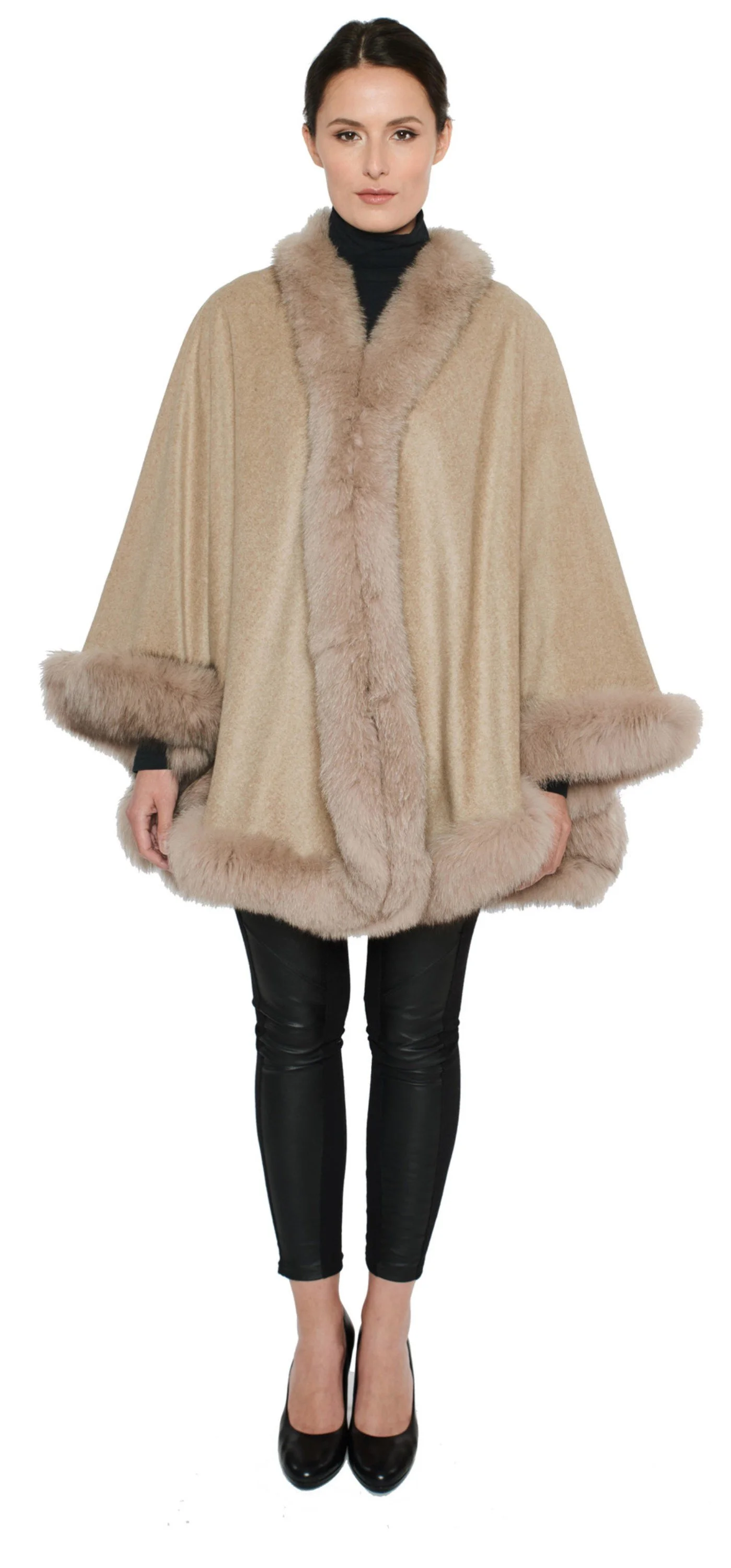Fox-Cashmere Cape 3-Ply Thick with Fox Fur Trim-Cape-Capes- Cashmere Cape with Fur Trim-Ruana-Shrug-Coat-Caplet-Fur Cape-Fur Capes for women - Silver Grey