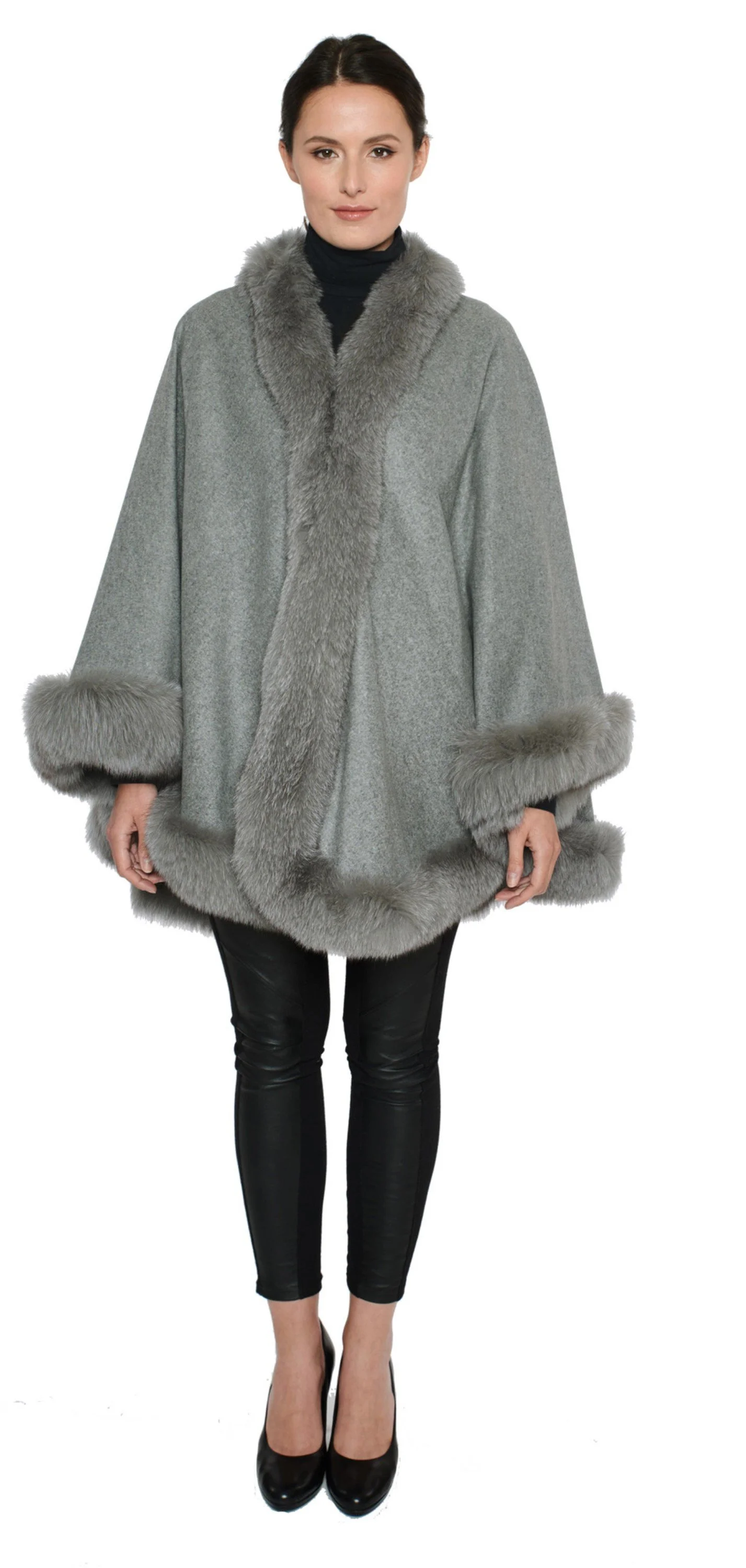 Fox-Cashmere Cape 3-Ply Thick with Fox Fur Trim-Cape-Capes- Cashmere Cape with Fur Trim-Ruana-Shrug-Coat-Caplet-Fur Cape-Fur Capes for women - Black : An All Time Classic)