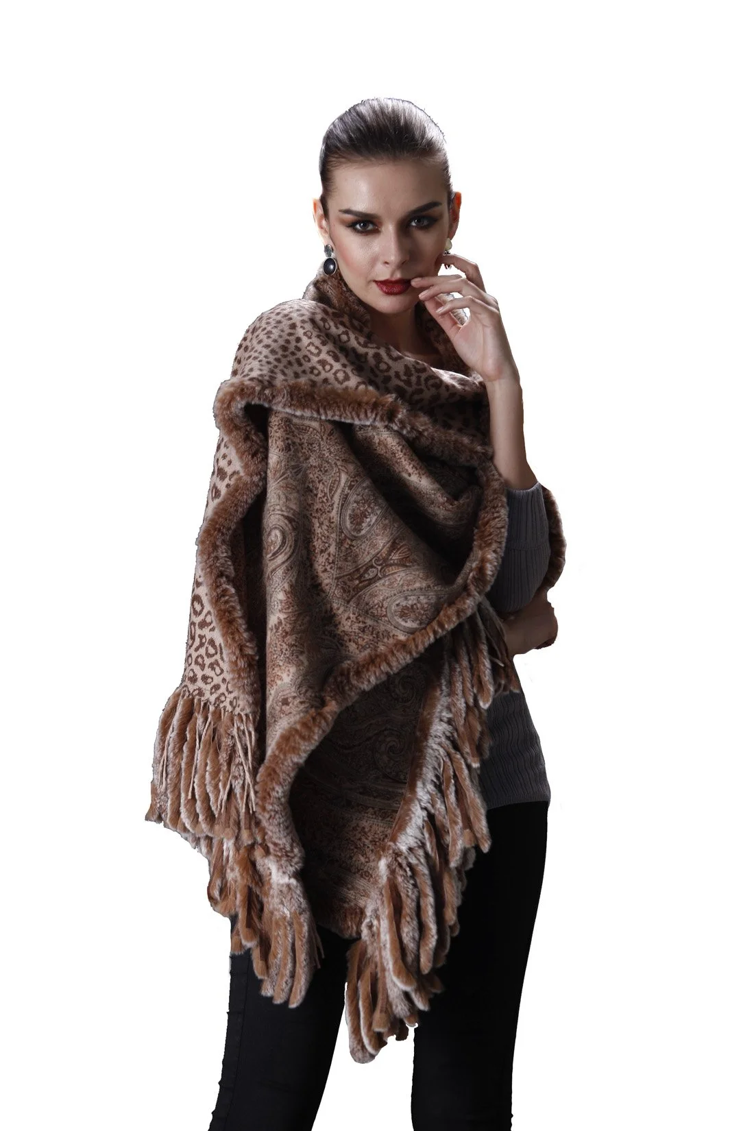 Cashmere Scarf-Mens scarf-Dress Shawl-Winter Scarf- Cashmere Wraps for Women (Black Unisex Reversible Printed Cashmere Scarf W/ Rex Rabbit Trim all around)