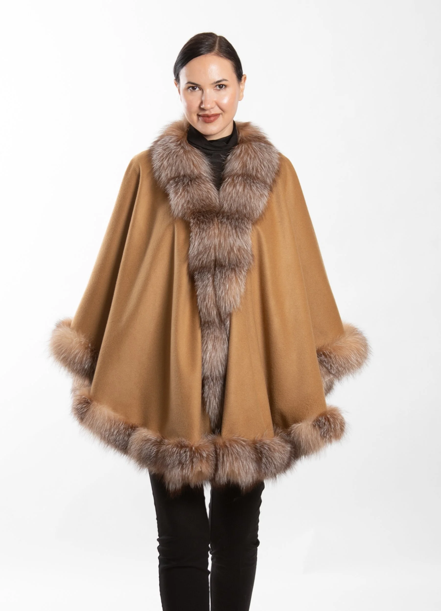 Fox-Cashmere Cape 3-Ply Thick with Fox Fur Trim-Cape-Capes- Cashmere Cape with Fur Trim-Ruana-Shrug-Coat-Caplet-Fur Cape-Fur Capes for women (Camel with Crystal Fox Trim)