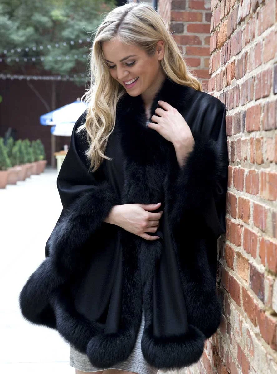 Fox-Cashmere Cape 3-Ply Thick with Fox Fur Trim-Cape-Capes- Cashmere Cape with Fur Trim-Ruana-Shrug-Coat-Caplet-Fur Cape-Fur Capes for women - Navy