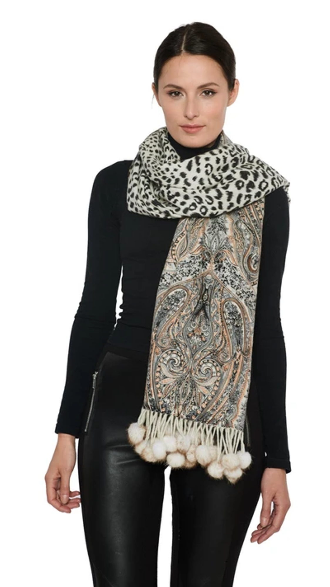 Mink-Mink stole- Cashmere Scarf-Mens scarf-Dress Shawl-Winter Scarf- Cashmere Wraps for Women (Camel Unisex Reversible Printed Cashmere Scarf W/ Mink pom-pom Balls)