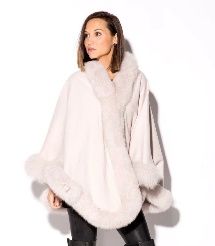 Fox-Cashmere Cape 3-Ply Thick with Fox Fur Trim-Cape-Capes- Cashmere Cape with Fur Trim-Ruana-Shrug-Coat-Caplet-Fur Cape-Fur Capes for women -Oatmeal