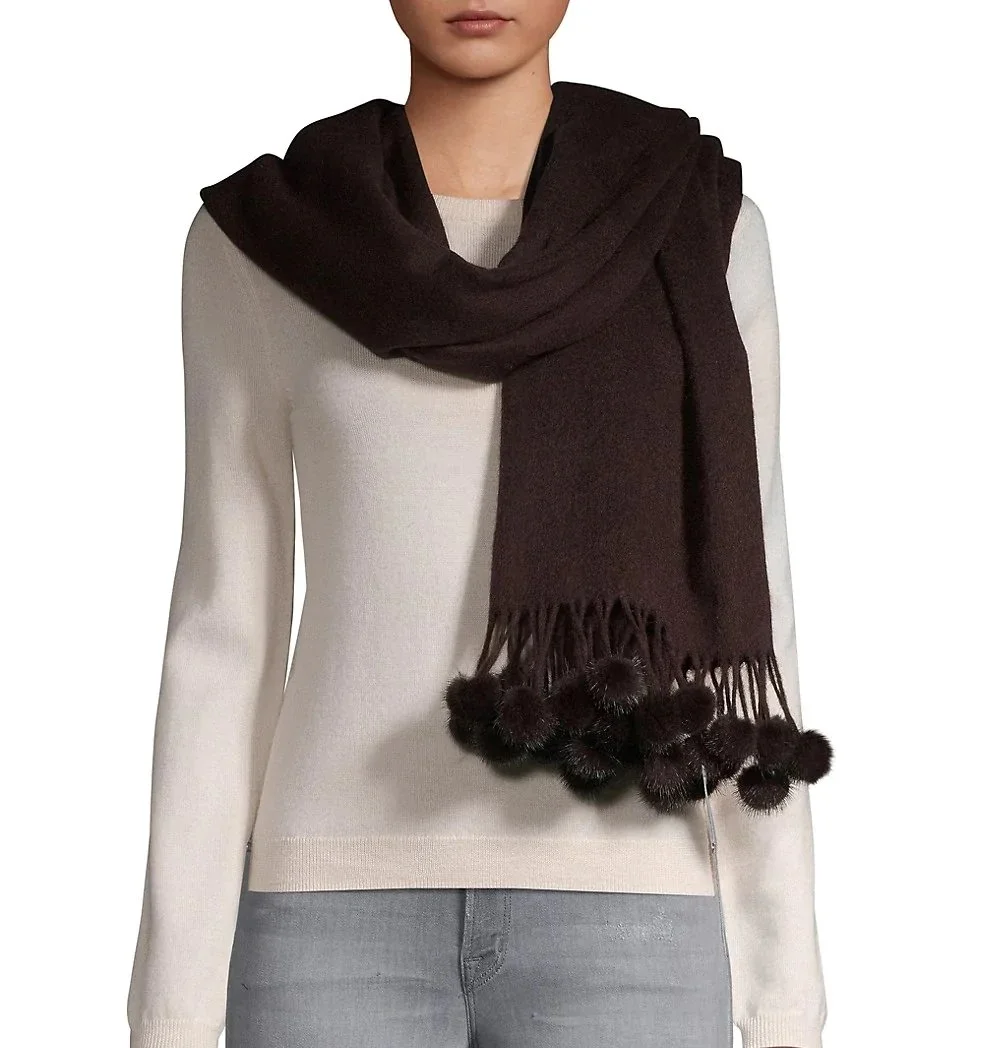 Mink-Mink stole- Cashmere Scarf-Mens scarf-Dress Shawl-Winter Scarf- Cashmere Wraps for Women (Black Unisex Cashmere Scarf W/ Mink pom-pom Balls)