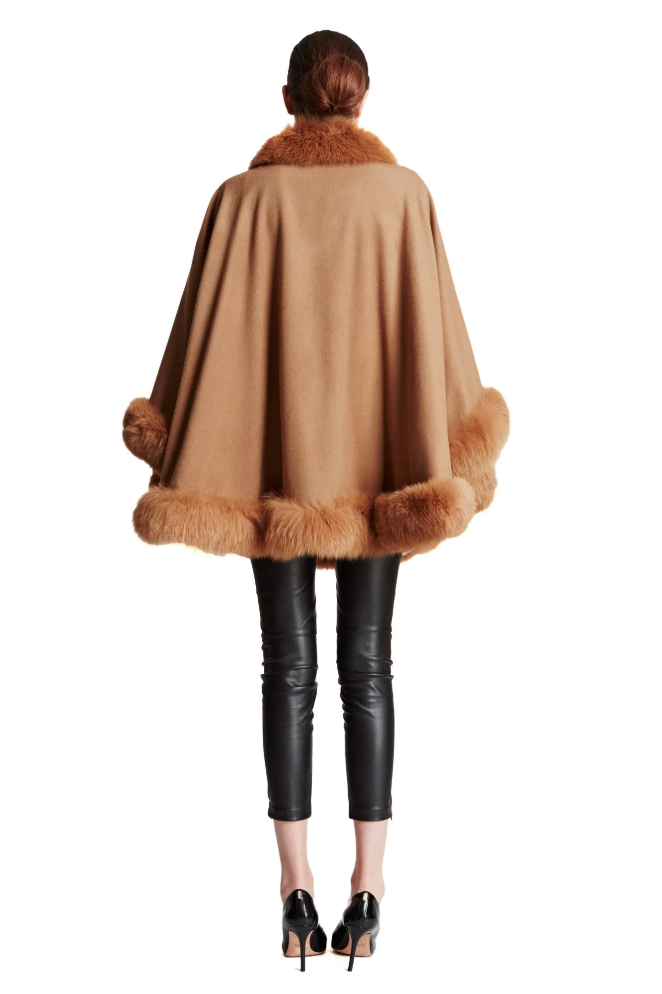Cashmere Cape 3-Ply Thick Cashmere with Fox Fur Trim Cape Coat for Winter Poncho (Medium length cashmere cape w/ fox trim)