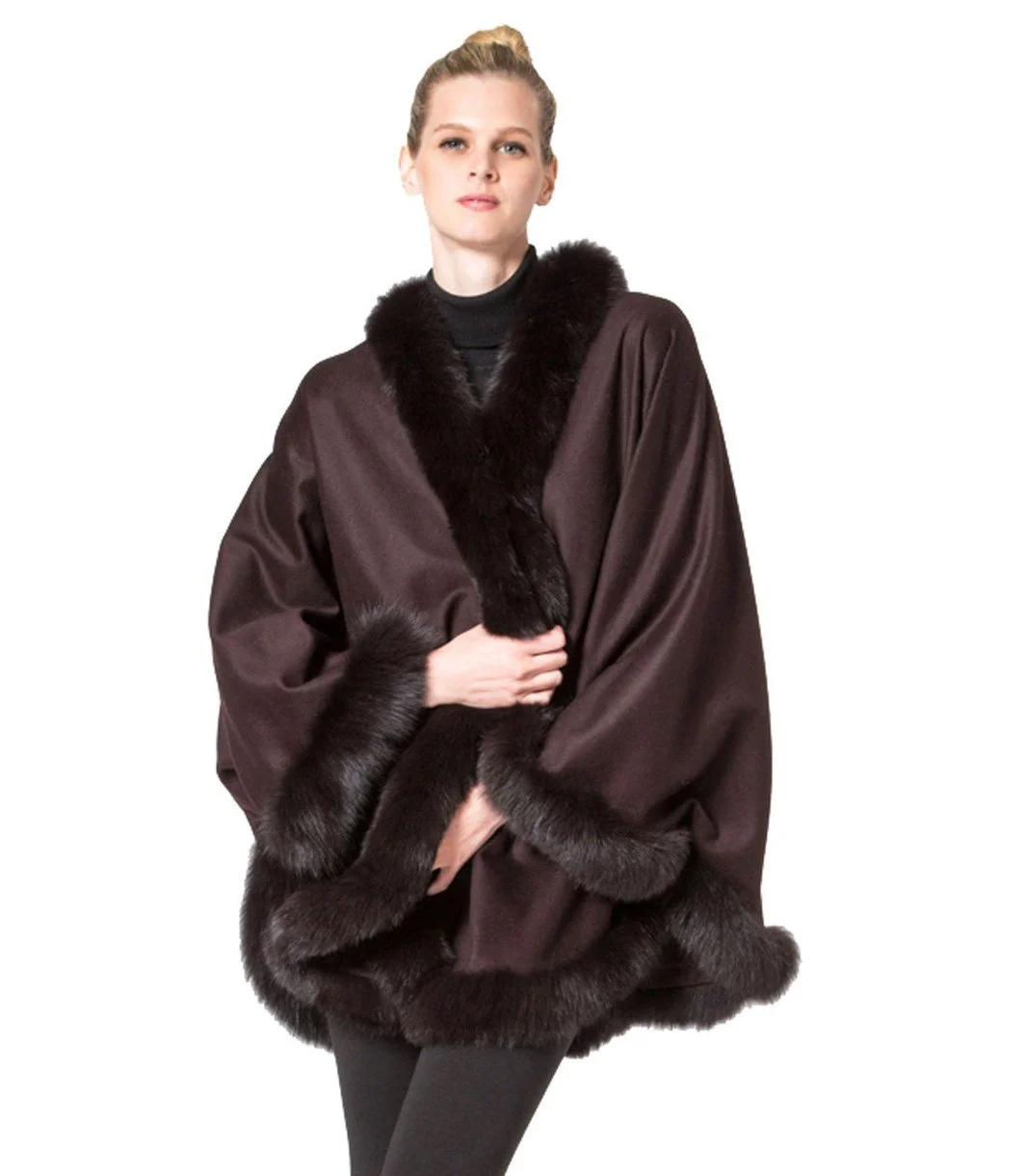 Fox-Cashmere Cape 3-Ply Thick with Fox Fur Trim-Cape-Capes- Cashmere Cape with Fur Trim-Ruana-Shrug-Coat-Caplet-Fur Cape-Fur Capes for women - Purple: Pure and Passionate)