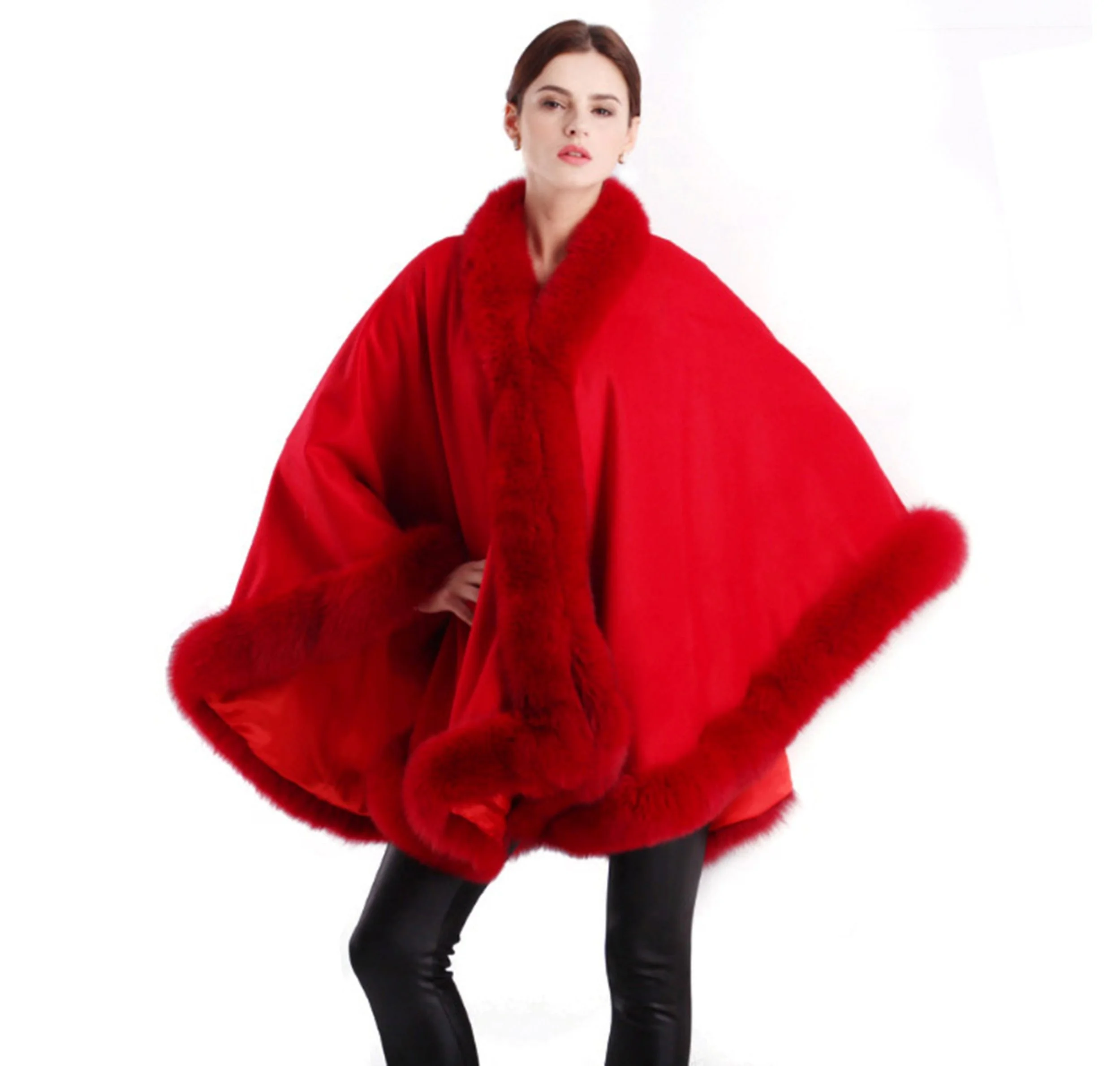 Fox-Cashmere Cape 3-Ply Thick with Fox Fur Trim-Cape-Capes- Cashmere Cape with Fur Trim-Ruana-Shrug-Coat-Caplet-Fur Cape-Fur Capes for women - Purple: Pure and Passionate)