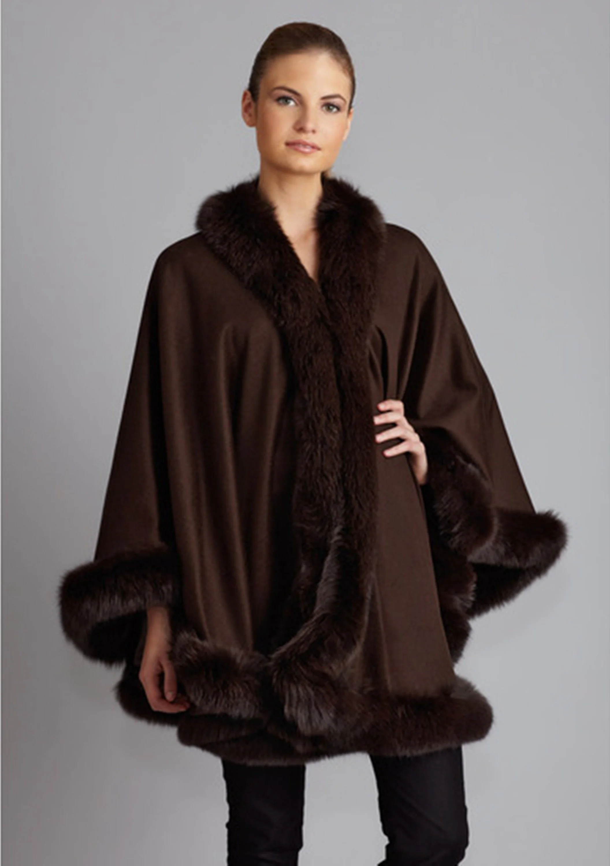 Fox-Cashmere Cape 3-Ply Thick with Fox Fur Trim-Cape-Capes- Cashmere Cape with Fur Trim-Ruana-Shrug-Coat-Caplet-Fur Cape-Fur Capes for women (Black w/ Silver Fox Trim - Pride of The Forest
