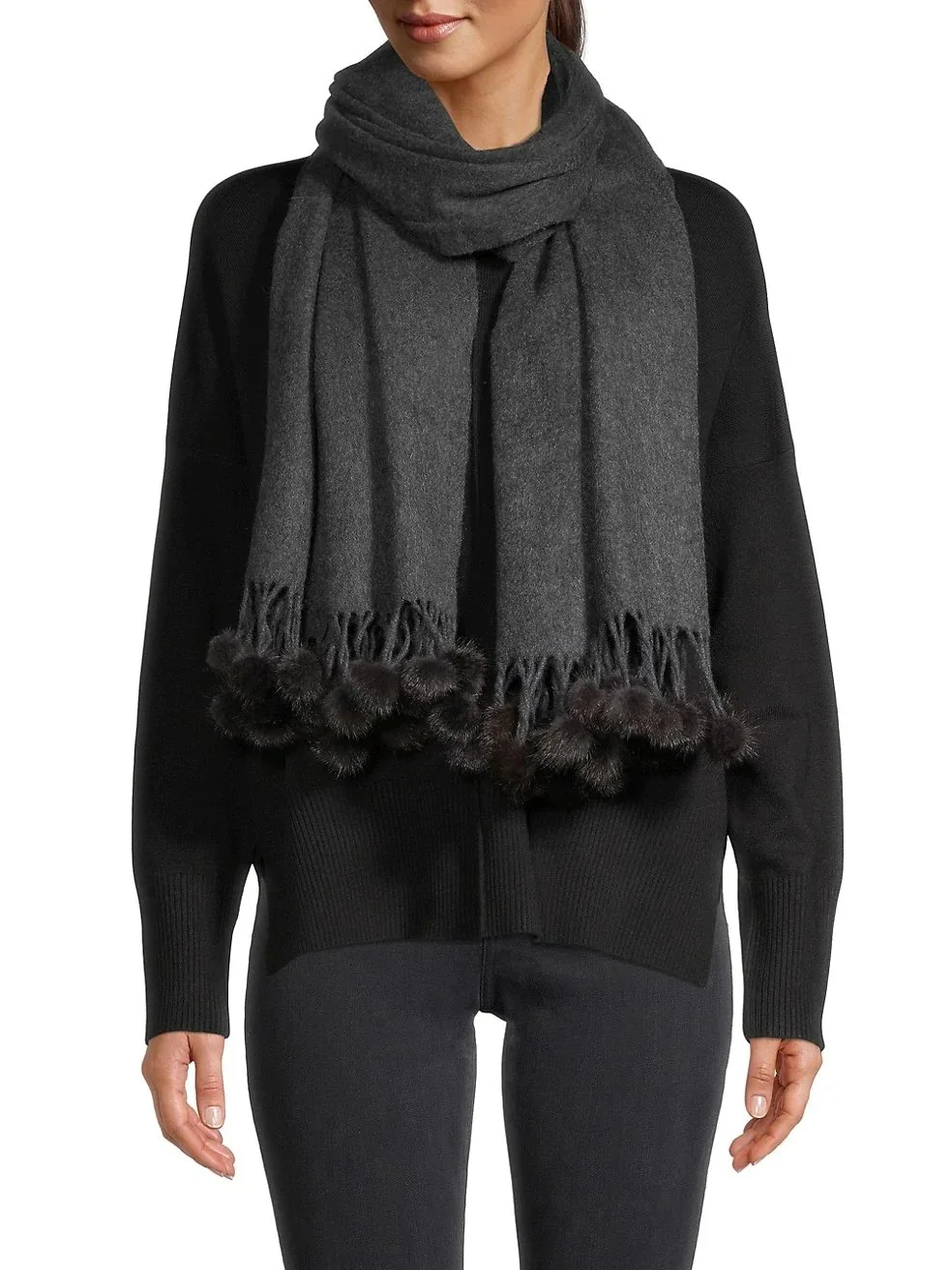 Mink-Mink stole- Cashmere Scarf-Mens scarf-Dress Shawl-Winter Scarf- Cashmere Wraps for Women (Charcoal Unisex Cashmere Scarf W/ Mink pom-pom Balls)