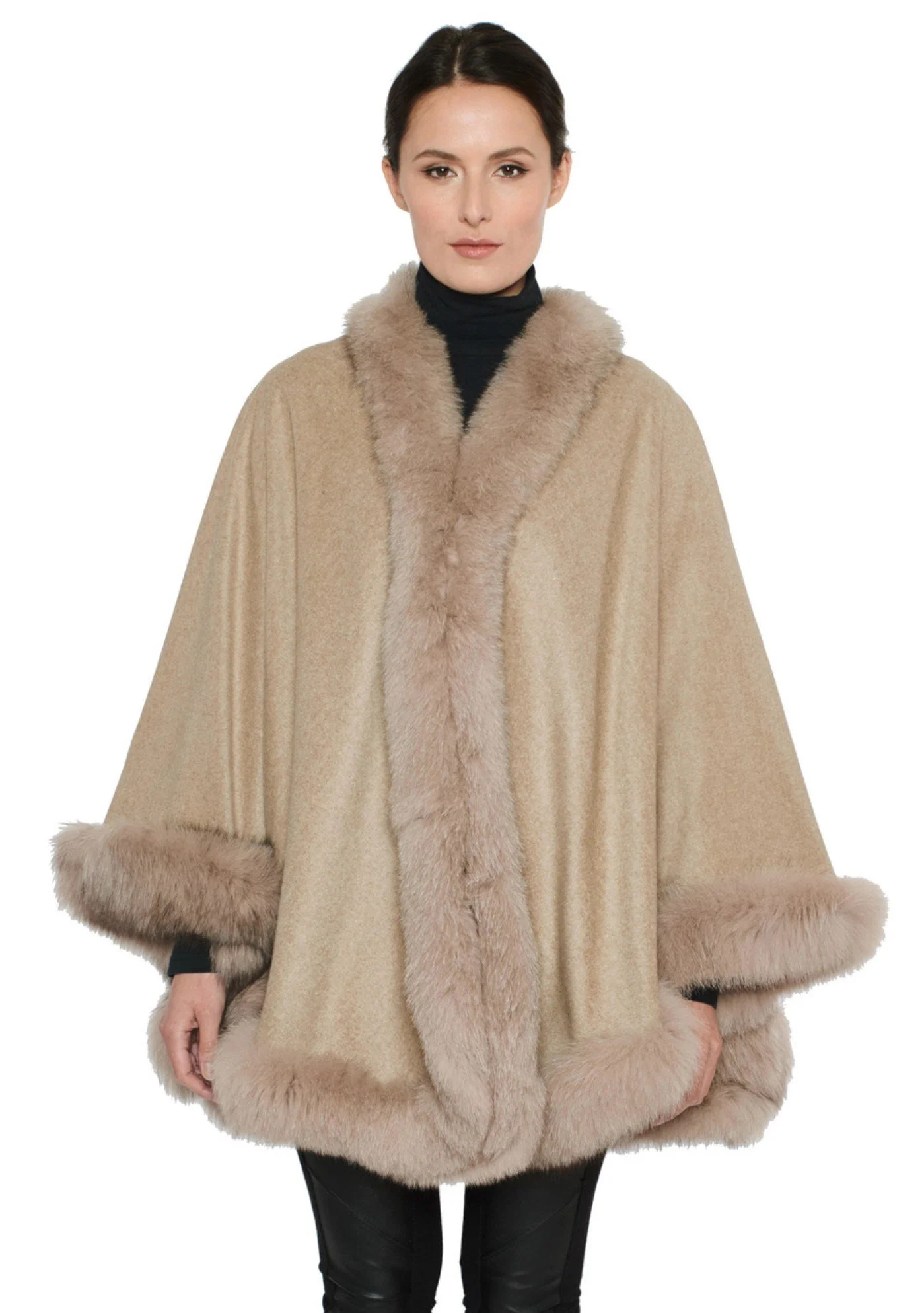 Fox-Cashmere Cape 3-Ply Thick with Fox Fur Trim-Cape-Capes- Cashmere Cape with Fur Trim-Ruana-Shrug-Coat-Caplet-Fur Cape-Fur Capes for women - Purple: Pure and Passionate)