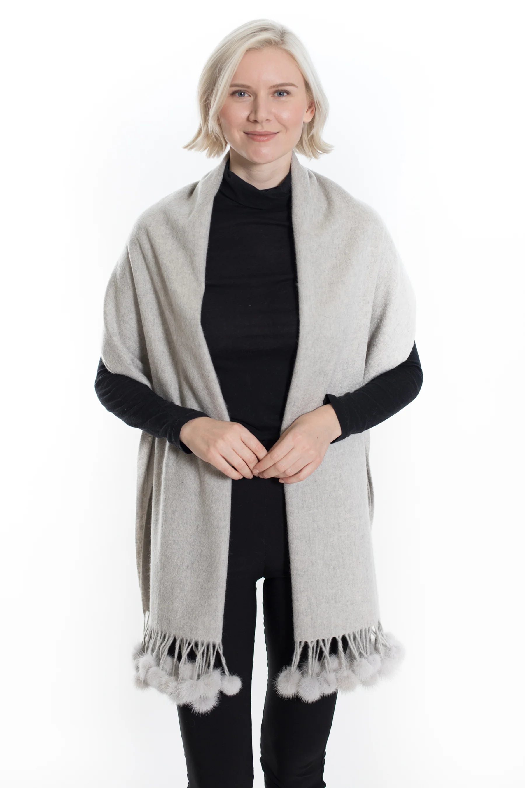 Mink-Mink stole- Cashmere Scarf-Mens scarf-Dress Shawl-Winter Scarf- Cashmere Wraps for Women (Silver Grey Unisex Cashmere Scarf W/ Mink pom-pom Balls)