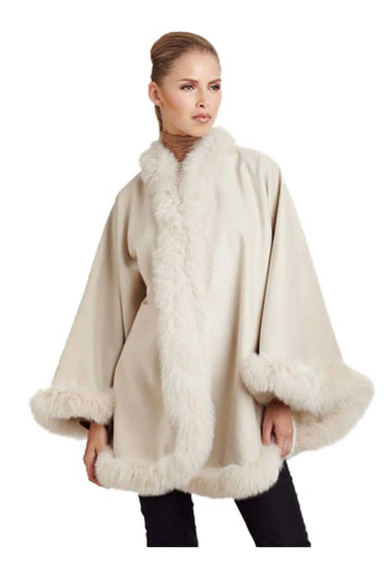 Fox-Cashmere Cape 3-Ply Thick with Fox Fur Trim-Cape-Capes- Cashmere Cape with Fur Trim-Ruana-Shrug-Coat-Caplet-Fur Cape-Fur Capes for women - Navy