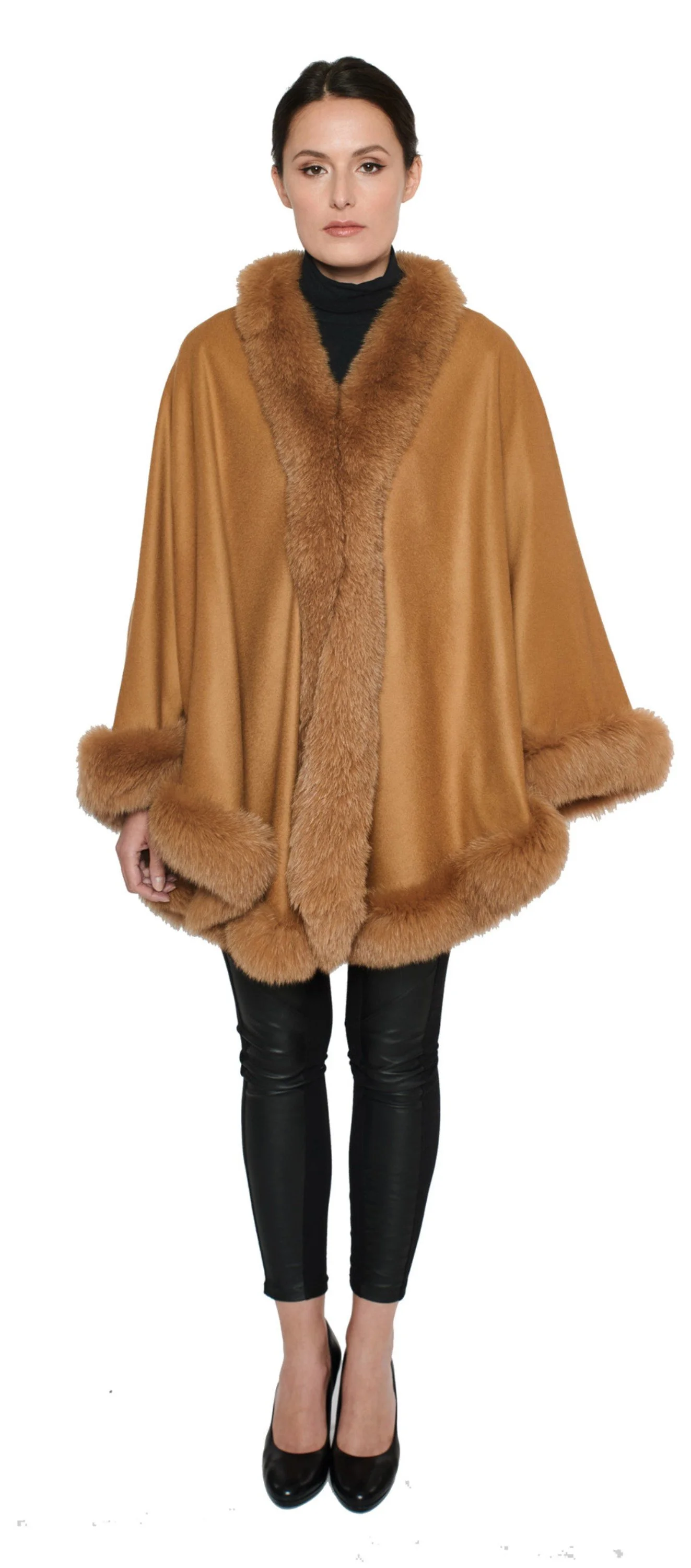 Fox-Cashmere Cape 3-Ply Thick with Fox Fur Trim-Cape-Capes- Cashmere Cape with Fur Trim-Ruana-Shrug-Coat-Caplet-Fur Cape-Fur Capes for women - Black : An All Time Classic)