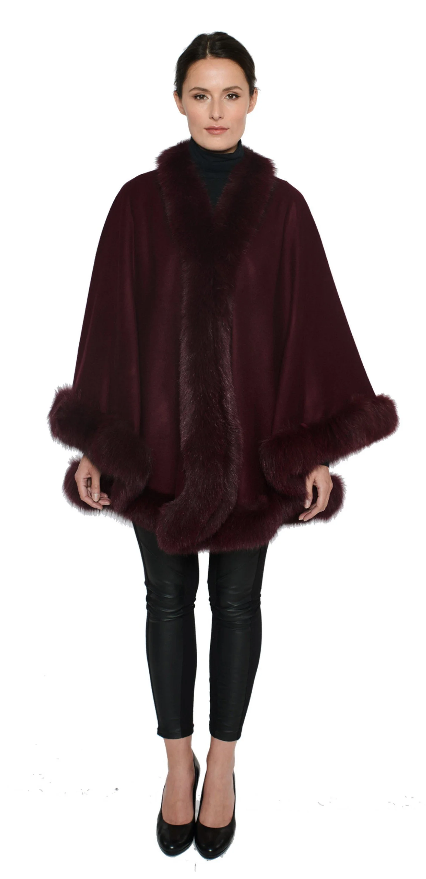 Fox-Cashmere Cape 3-Ply Thick with Fox Fur Trim-Cape-Capes- Cashmere Cape with Fur Trim-Ruana-Shrug-Coat-Caplet-Fur Cape-Fur Capes for women - Black : An All Time Classic)