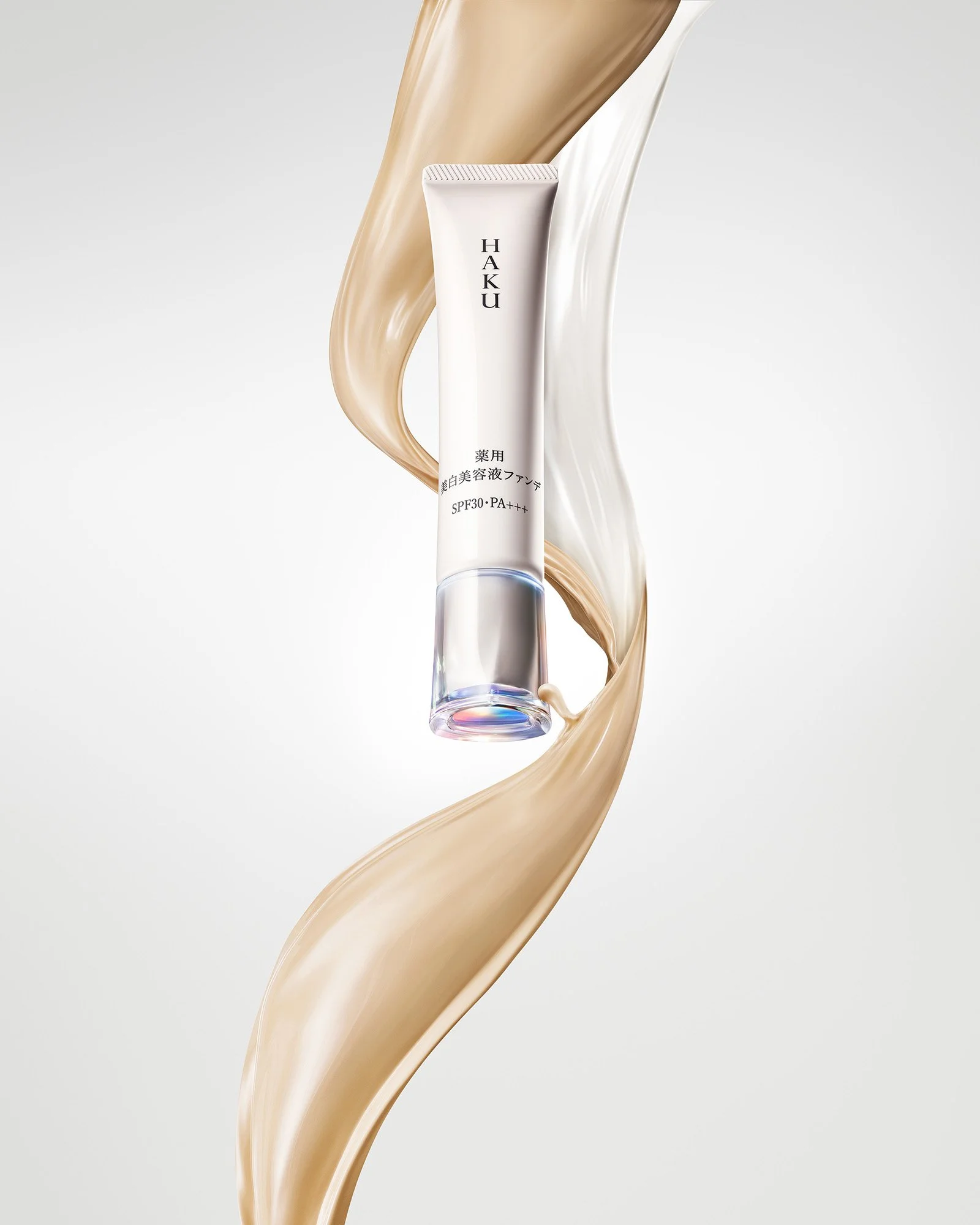Shiseido HAKU Brightening Serum Foundation with twin streams of liquid texture, product photography by Hiro