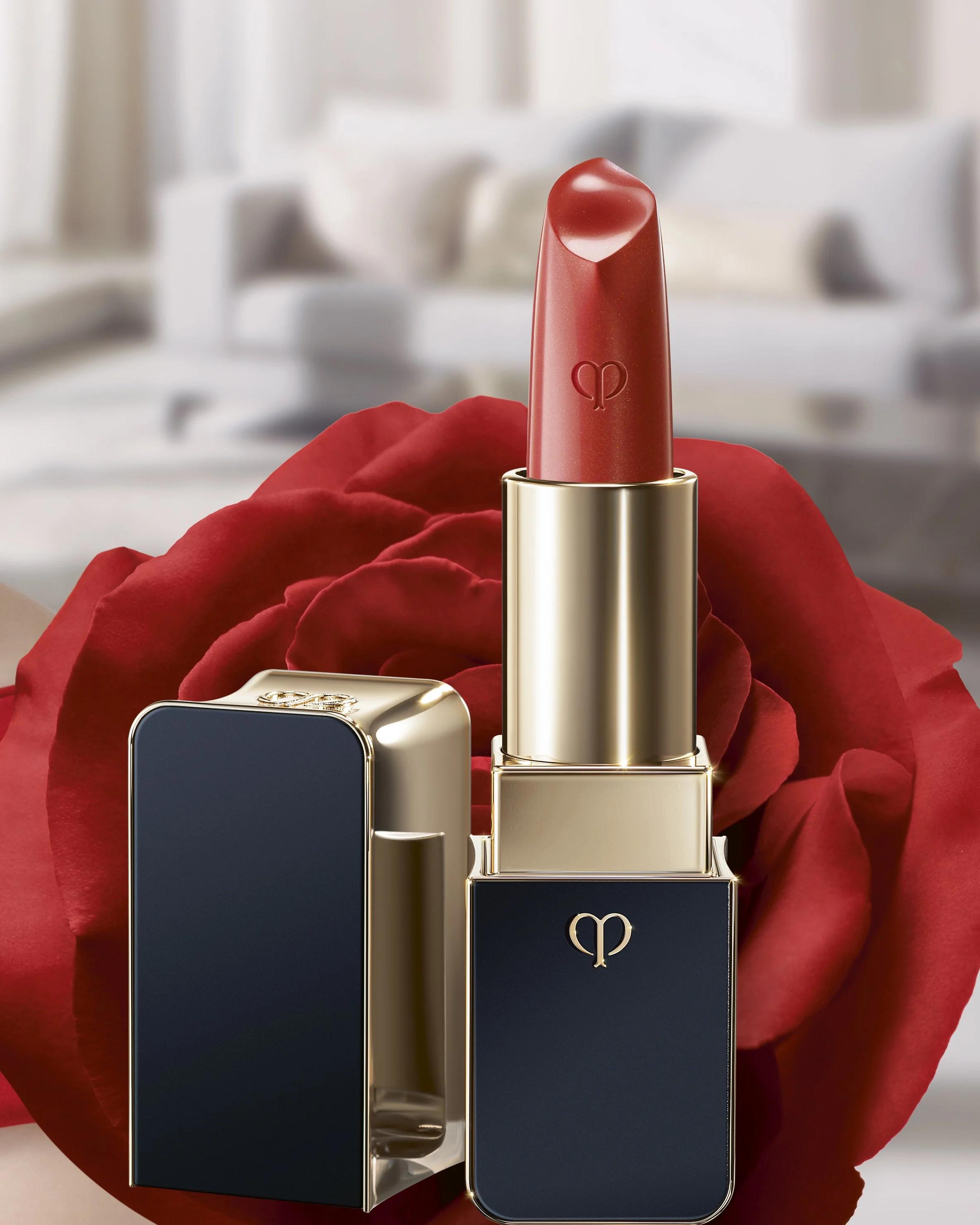Clé de Peau Beauté Cashmere Lipstick with red rose — key visual product photography by Hiro