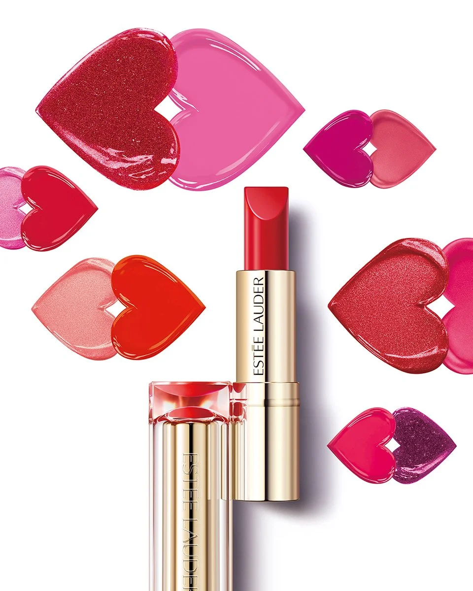  Red Estée Lauder Pure Color Love lipstick among heart-shaped lipstick textures in red, pink and purple glitter, texture photography by Hiro 