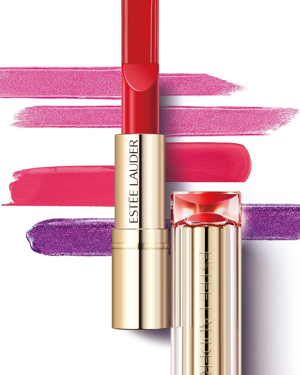  Red Estée Lauder Pure Color Love lipstick with pink, coral and purple glitter swatches, lipstick photography by Hiro 